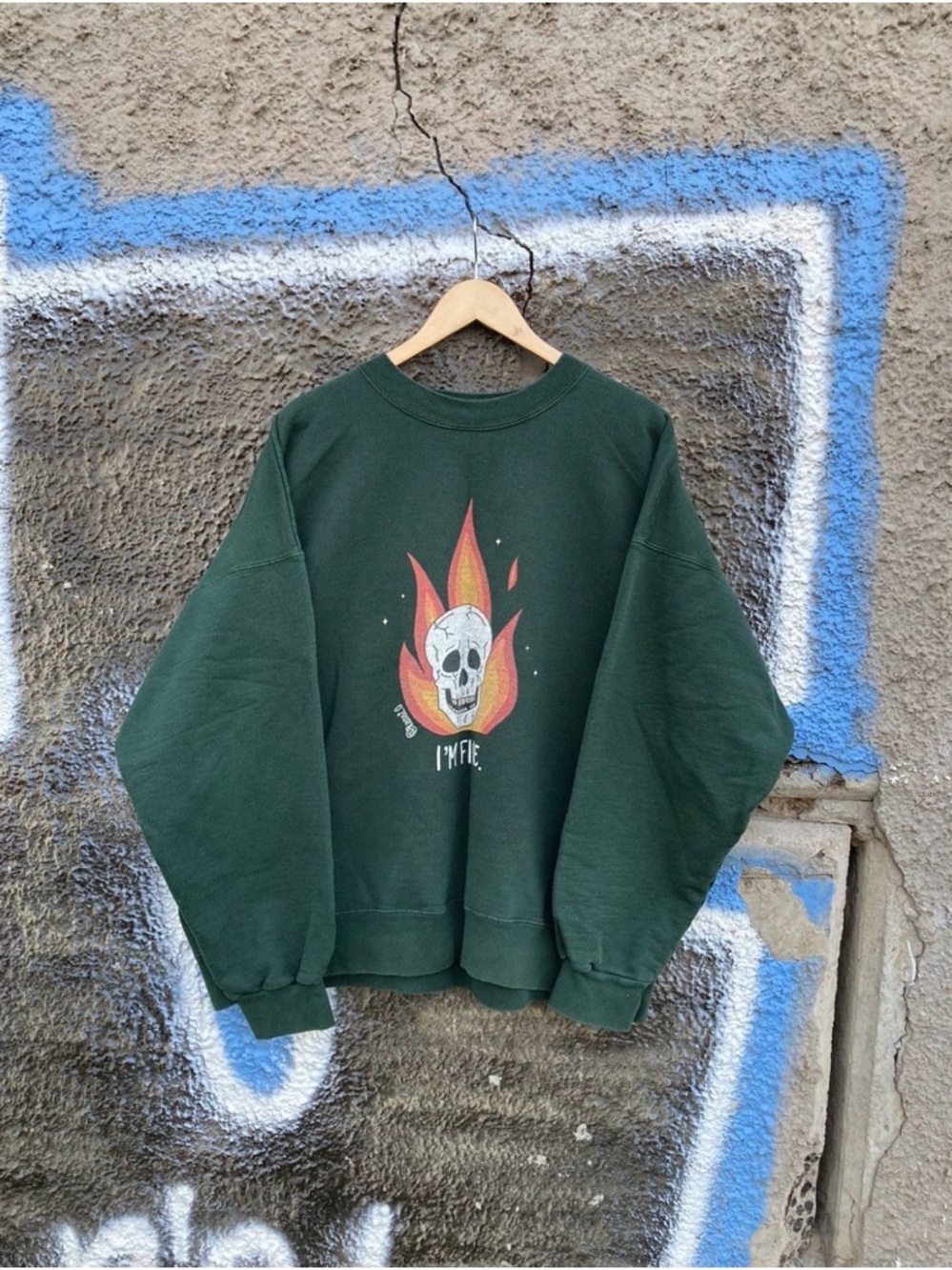 Hanes Dark Green Crewneck Sweater with Skull Flame Graphic